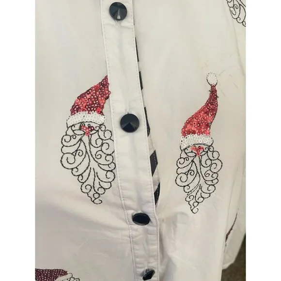 Jack B Quick Button-Down Shirt Red Sequin Santa Striped Collar Accent Women SM - Picture 10 of 14